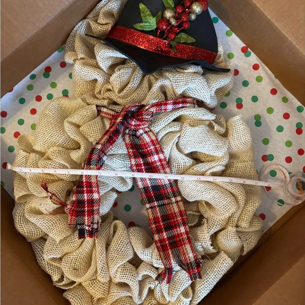 Festive Burlap Snowman Wreath with Plaid Scarf